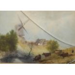 UNATTRIBUTED (NINETEENTH CENTURY) WATERCOLOUR DRAWING landscape with cattle, windmill and dwelling