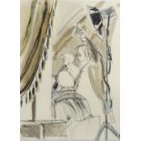 JULIA MIDGLEY (TWENTIETH CENTURY) PEN AND WASH 'Antony Hopkins Directing August on Location'