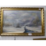 MARGARET C. TAYLOR, OIL PAINTING WINTER LANDSCAPE WITH SNOW SIGNED 11 1/2" X 19 1/2"