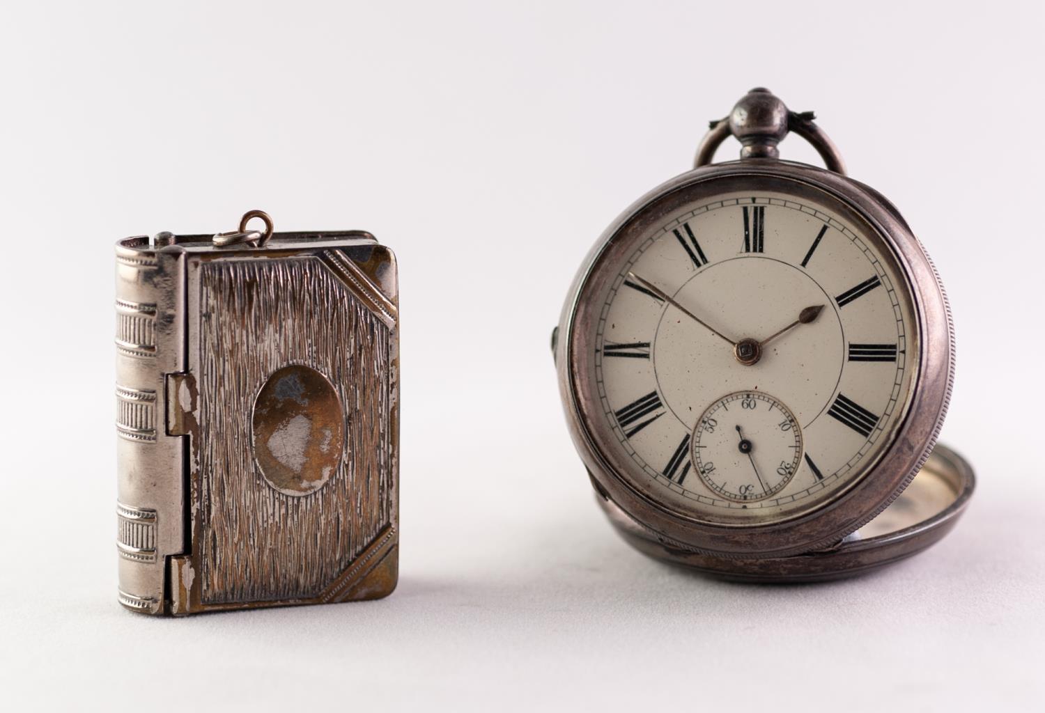 A LATE VICTORIAN SILVER CASED OPEN FACE KEYWIND GENTLEMAN'S POCKET WATCH, ALSO A PLATED METAL