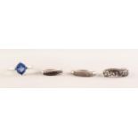 FOUR SILVER RINGS, to include; GREEN COLOUR CHANGE SAPPHIRE SEVEN STONES SET IN A WAVE STYLE,