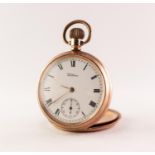 WALTHAM TRAVELLER ROLLED GOLD OPEN FACED POCKET WATCH with keyless movement No 18477859 with white