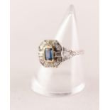 ART DECO WHITE GOLD METAL CLUSTER RING SET WITH CENTRE EMERALD CUT SAPPHIRE in a yellow gold