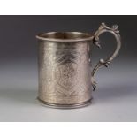 VICTORIAN ENGRAVED SILVER CHRISTENING MUG BY MARTIN, HALL & Co, Ltd, of cylindrical form with beaded