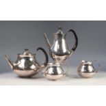 ERIC CLEMENTS FOR ELKINGTON, FOUR PIECE SILVER PLATED TEA SERVICE, of plain baluster form, with open