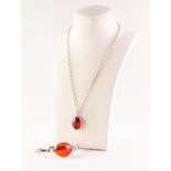 SILVER BELCHER CHAIN NECKLACE AND A SILVER COLOURED METAL OVAL PENDANT, set with an amber coloured