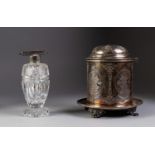 ELECTROPLATED BISCUIT BARREL WITH INTEGRATED STAND, and paw feet, engraved with scroll work