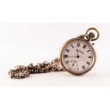 AN OPEN FACED POCKET WATCH with keyless movement, white roman dial with subsidiary seconds dial,