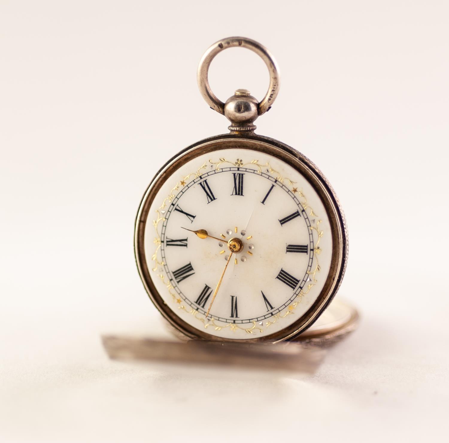 LADIES OPEN FACE SILVER POCKET WATCH White enamel dial with Roman numerals, gilt detailing, Swiss