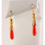 PAIR OF VICTORIAN 15ct GOLD EARRINGS with tear shaped coral drops (for pierced ears), 2.6gms gross
