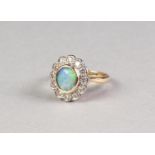 18ct GOLD, OPAL AND DIAMOND CLUSTER RING, collet set with a centre oval opal and surround of