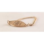 9ct GOLD CURB PATTERN CHAIN BRACELET with large 9ct GOLD LOZENGE SHAPED PANEL inscribed 'Medic