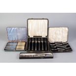 CASED QUEENS PATTERN CAKE SLICE WITH FILLED SILVER HANDLE, together with THREE CASED SETS OF