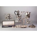 A SELECTION OF ELECTROPLATE INCLUDING; COFFEE POTS, FISH KNIVES AND FORKS, A CASED PAIR OF FISH