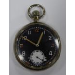A MILITARY ISSUE NICKEL CASED OPEN FACE POCKET WATCH 15 jewel movement, black dial with Arabic