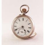 A SILVER OPEN FACE POCKET WATCH Keyless movement signed Moeri?s Patent 7547/780, white enamel dial