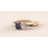 18ct GOLD AND PLATINUM RING SET WITH A CENTRE BAGUETTE CUT SAPPHIRE flanked by two round,