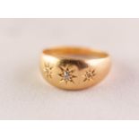 GEORGE V 18ct GOLD RING GYPSY SET WITH THREE TINY DIAMONDS, Chester 1911, 3.7gms, ring size L