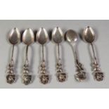 SET OF SIX GERMAN SILVER COLOURED METAL TEASPOONS, with double sided rustic handles with rose