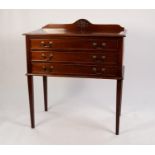 GERMAN STYLE MAHOGANY SIDE TABLE CUTLERY CANTEEN WITH THREE LONG DRAWERS, on four fluted square