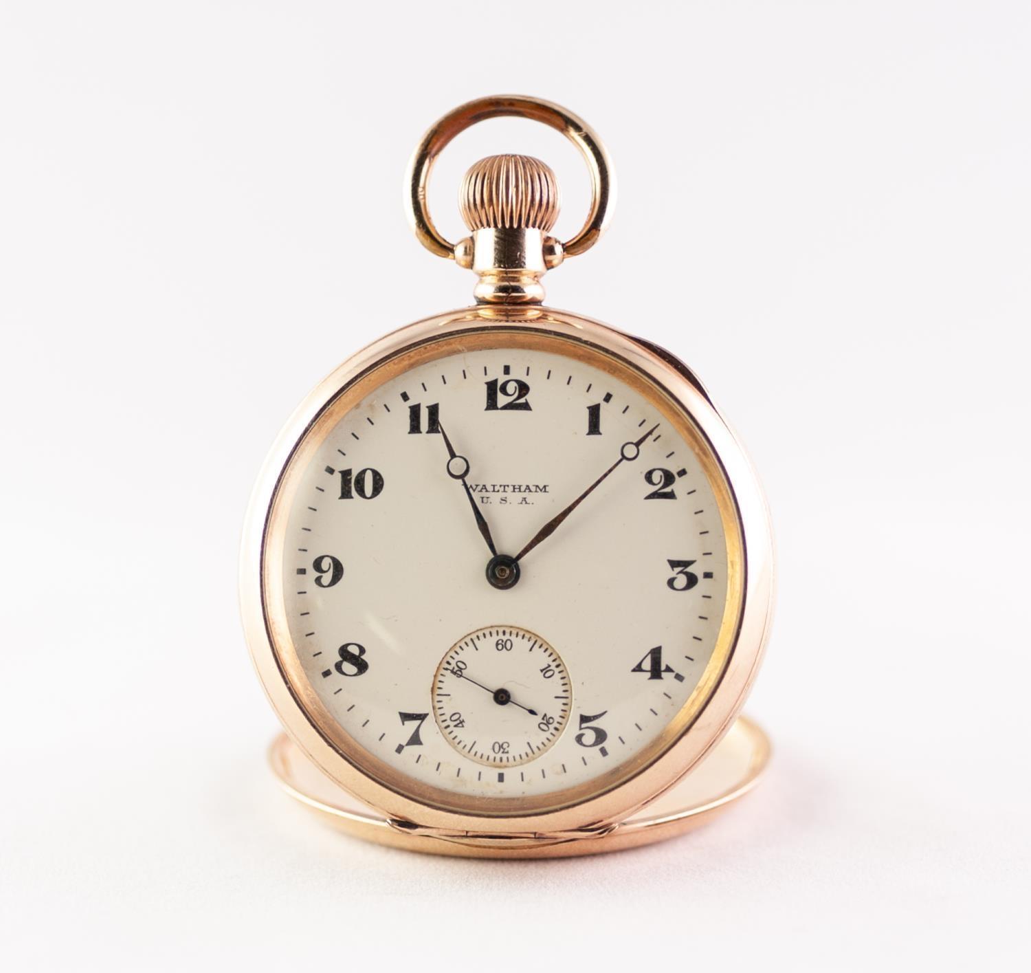 A GOLD PLATED CASED WALTHAM KEYLESS GENTLEMANS OPEN FACE POCKET WATCH, with seconds dial