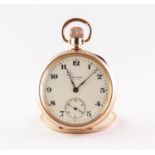 A GOLD PLATED CASED WALTHAM KEYLESS GENTLEMANS OPEN FACE POCKET WATCH, with seconds dial