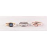 9ct GOLD PINK STONE SET RING, a 9ct gold opal colour stone set RING, and a 9ct white gold plain