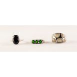 THREE SILVER RINGS, to include; large claw set oval black spinel RING, mutton fat jade and silver