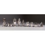 SIX SILVER CONDIMENTS, 4oz all in, a weighted silver PEPERETTE AND TWO PLATED DITTO (9)