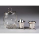 AN EDWARDIAN GLASS PRESERVES JAR, with silver rim and cover, Birmingham 1902, ALSO TWO SILVER