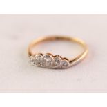 18ct GOLD AND PLATINUM RING with a fan shaped scroll setting of five tiny diamonds, 1.7gms, ring