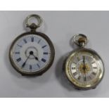 TWO LADIES OPEN FACE POCKET WATCHES One with a keyless movement, the circular shape dials with Roman
