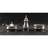 AN EARLY TWENTIETH CENTURY SILVER THREE PIECE CONDIMENT SET, Sheffield 1911, 3 1/2oz all in