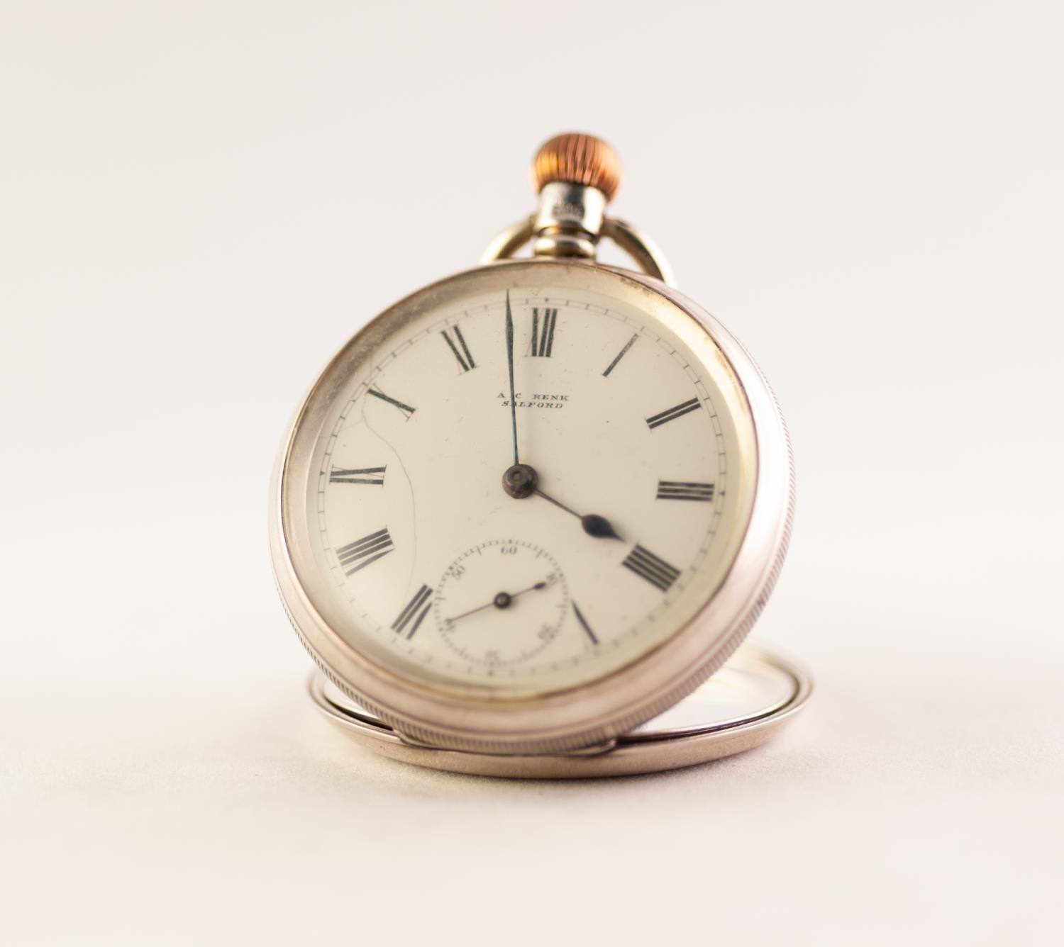 A.C. RENK, SALFORD, SILVER OPEN FACE POCKET WATCH, 7 JEWEL MOVEMENT White enamel dial with Roman