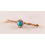 VICTORIAN 15ct GOLD, TURQUOISE AND DIAMOND SAFETY PIN BROOCH, with centre oval cluster with a