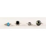 FOUR SILVER RINGS, to include; large black spinel, flower design, shoulders set with two tiny