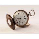 LADIES WHITE METAL HALF HUNTER POCKET WATCH White enamel dial with Roman numeral hour markers,