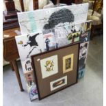 THREE VARIOUS PRINTS TO INCLUDE A BANKSY CANVAS, ASNOTHER CANVAS AND A FRAMED PRINT (3)