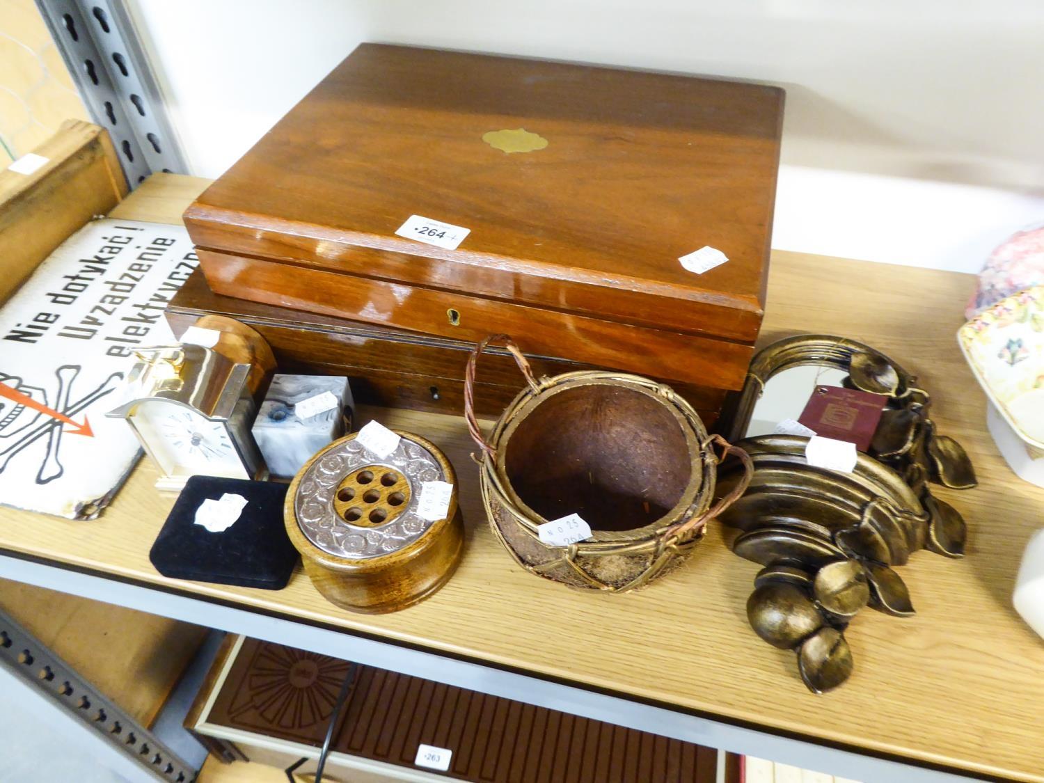 TWO MAHOGANY CUTLERY BOXES, SMALL BRASS CLOCK, ANOTHER, BROOCH IN CASE, SCULPTURE COMPANY ORNATE
