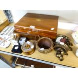 TWO MAHOGANY CUTLERY BOXES, SMALL BRASS CLOCK, ANOTHER, BROOCH IN CASE, SCULPTURE COMPANY ORNATE