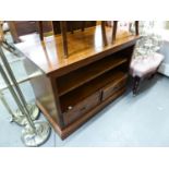 A CREAM FINISH METAL ELECTROLIER WITH PENDANT GLASS DROPS AND A POLISHED WOOD TV STAND (2)