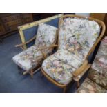 A LATE 1950's/EARLY 1960's LIGHT WOOD ERCOL RECLINING ARMCHAIR AND ANOTHER ARMCHAIR (2)