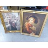 A GILT FRAMED COLOUR PRINT ON CANVAS 'WAITING - TITO' AND A COLOUR PRINT, BOY WITH BRIEFCASE, GILT