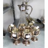 AN ELECTROPLATE MOUNTED GLASS CLARET JUG AND A SET OF SIX ELECTROPLATE SMALL BRANDY BALLOONS