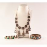 WHITE METAL PERSIAN STYLE NECKLACE with large shaped links and pendant some centred with turquoise