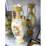 A LATE NINETEENTH CENTURY AUSTRIAN CHINA TWO HANDLED TALL VASE, PAINTED WITH A BOUQUET OF FLOWERS ON