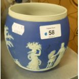 NINETEENTH CENTURY WEDGWOOD BLUE AND WHITE JASPERWARE BARREL SHAPED JAR