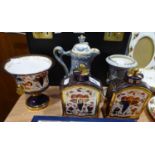 A PAIR OF COWKING IMARI BATTLE FLASKS AND SIMILAR PEDESTAL VASE, AND TWO PIECES OF CAPO-DI-MONTE AND