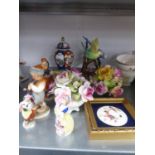 RADNOR CHINA GROUP OF TWO BUDGERIARS, TWO CHINA ORNAMENTS, TWO FLORAL PRINTED PLATES, FIVE CERAMIC