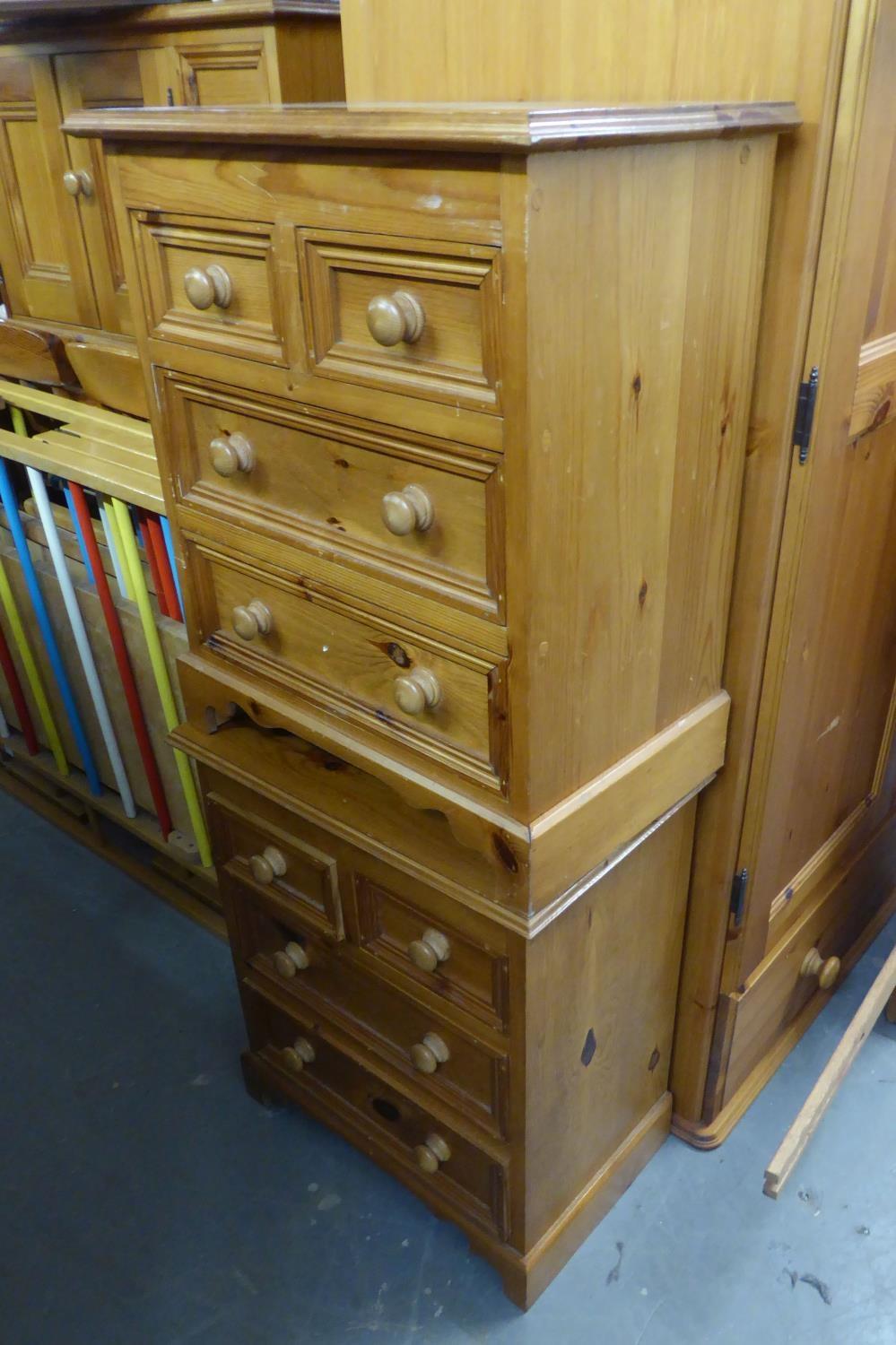 MODERN PINE DOUBLE WARDROBE OVER A SINGLE DRAWER, AND TWO BEDSIDE CHESTS ON TWO SHORT OVER TWO